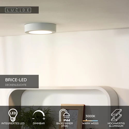 Lucide BRICE-LED - Deckenleuchte Badezimmer - Ø 18 cm - LED Dim. - 1x12W 3000K - IP44 - Weiß - USP